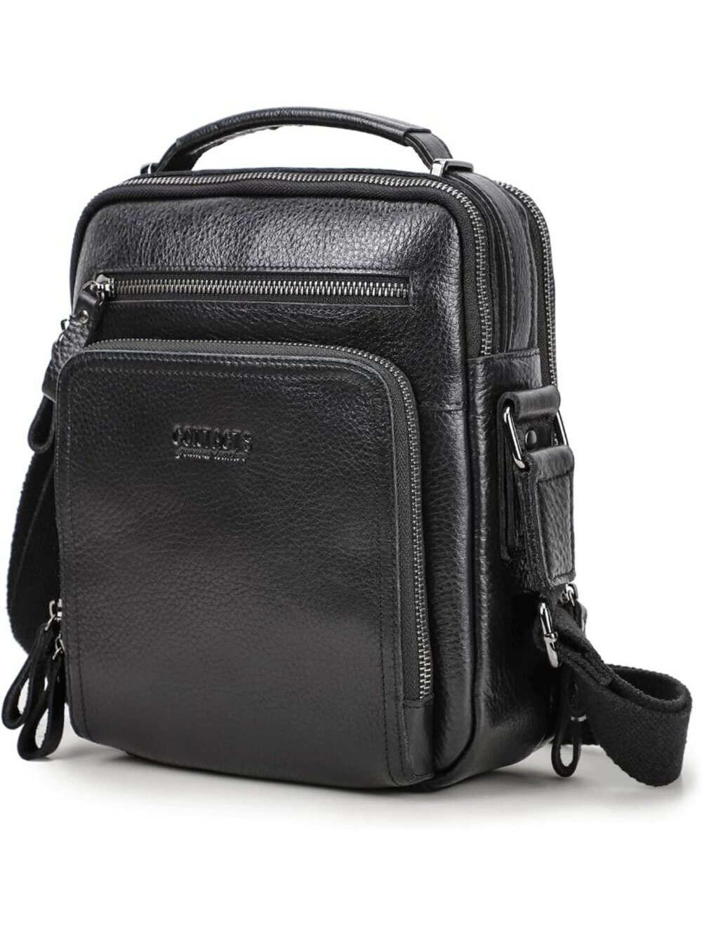 Men's Black Genuine Leather Small Messenger Bag Zipper Adjustable Shoulder Strap